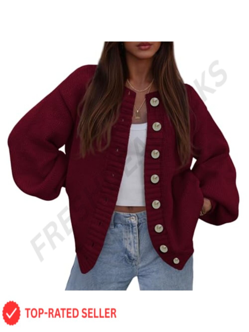 Chunky Ribbed Knit Button Up Cardigan Sweater with Lantern Sleeves